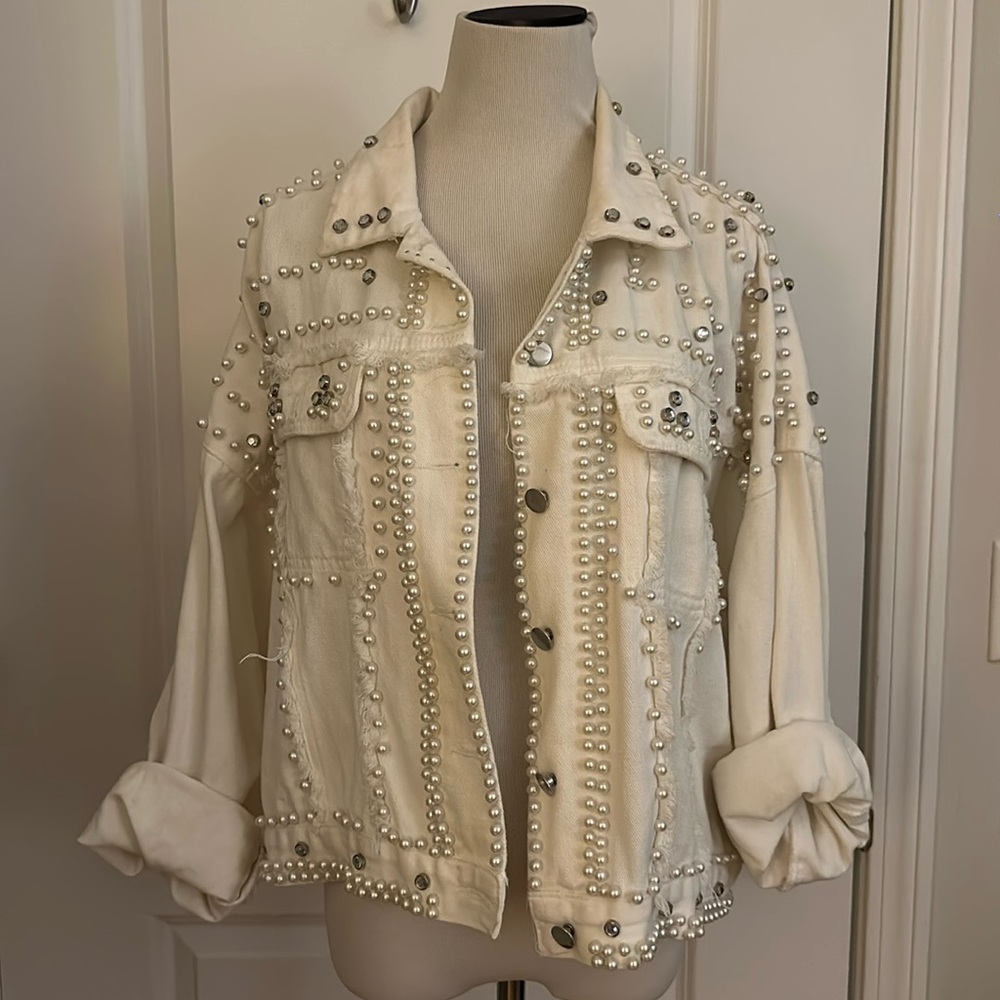 Embellished white denim jacket